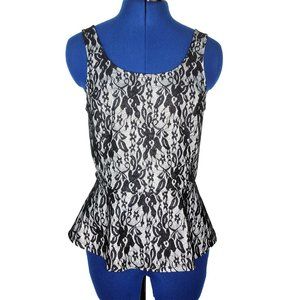 Express Black White Embroidered Floral Mesh Peplum Blouse Top NWT